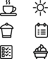 Collection of six simple black outline icons representing daily activities isolated on white background