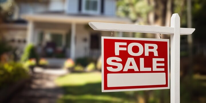 Red and White For Sale Sign in Front of House – Green Lawn with Blurred Home and Garden Background