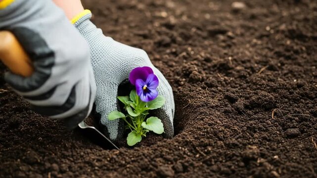 Planting a pansy flower in the garden