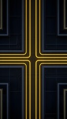 Abstract Neon Crossroad: Dark Industrial Architecture, Glowing Yellow Lines, Futuristic Mood.