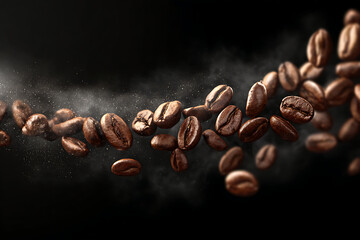 Obraz premium Floating coffee beans surrounded by aromatic dust on a dark background, ideal for beverage marketing
