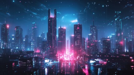 Fototapeta premium A futuristic cityscape illuminated with neon lights, featuring tall skyscrapers under a starry night sky, creating a vibrant and otherworldly atmosphere.