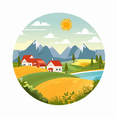 Naklejka premium Cartoon illustration of a rural village landscape with houses, trees, and hills under a summer sky