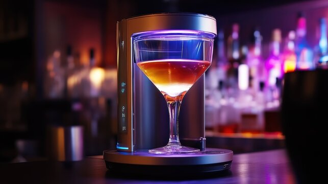 A sleek cocktail maker with a glowing design presents a martini on a bar, surrounded by colorful bottles, highlighting a modern drinking experience.