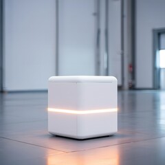 Modern White Cube Robot in Industrial Setting, Illuminated Base, Futuristic Technology Concept
