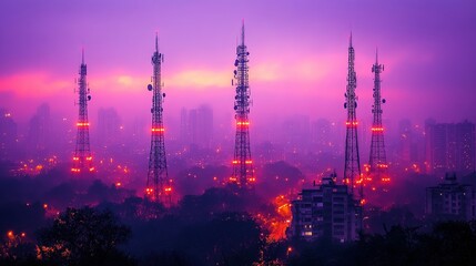 Telecommunication towers stand against a purple and pink sky over a city.