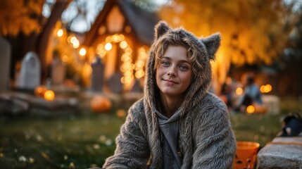 A charming boy smiles while dressed in a captivating costume for Halloween