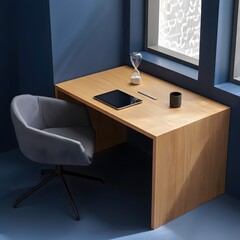 Modern Minimalist Home Office:  Light Wood Desk, Blue Walls, Tablet, and Ergonomic Chair.