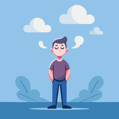 cartoon character of a man breathing fresh air in nature