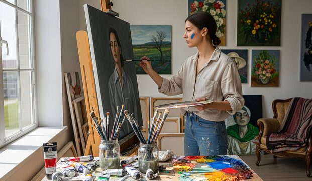 A concentrated female artist is painting a portrait on a canvas in her studio, surrounded by her colorful artworks and art supplies.