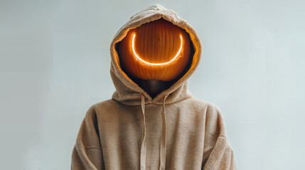 A person wearing a hooded sweatshirt with a bright, glowing smiley face