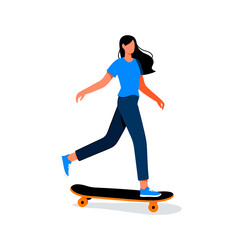 Fototapeta premium Young woman skateboarding in vibrant blue shirt and stylish pants showcasing a dynamic pose