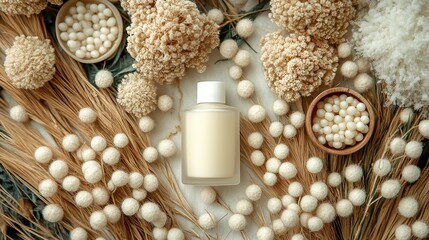 Bottle surrounded by dried flowers and seeds on a textured surface.