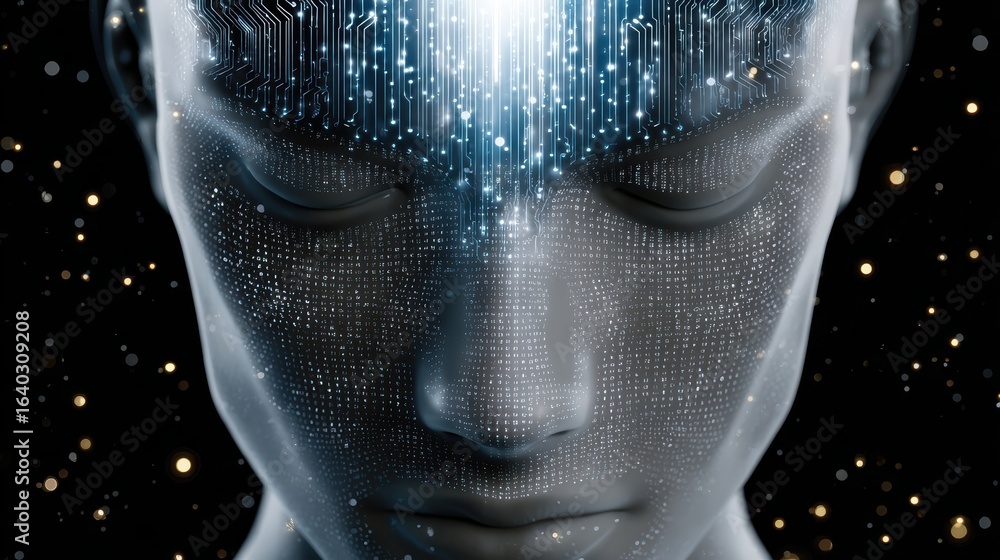 Poster a futuristic, digital representation of a humanoid head, showcasing intricate circuitry and data pat