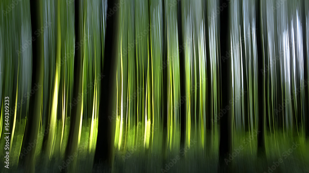 Poster abstract image of a forest with blurred trees and green hues.