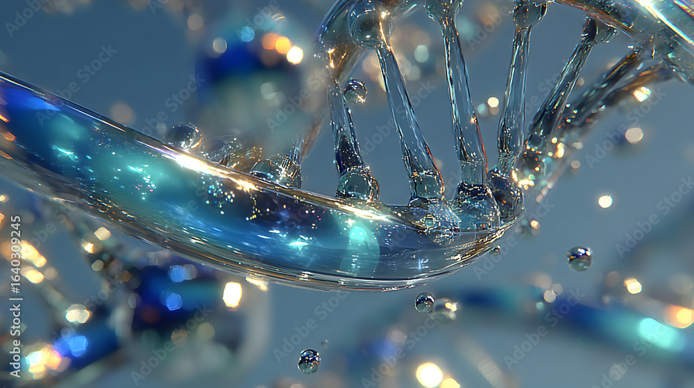 Poster 3d rendering of a dna double helix molecule with glowing blue and gold particles.