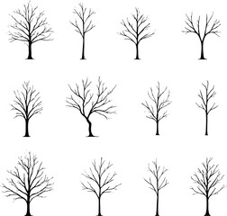 Obraz premium Set of Bare Winter Tree Silhouettes Isolated on White Background