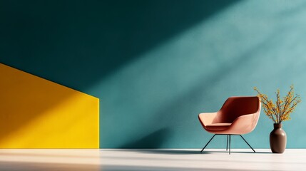 Modern Interior Design with Stylish Chair, Colorful Wall, and Decorative Flower Vase in Contemporary Space
