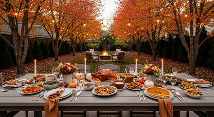A thanksgiving feast set outdoors with a long table laden with food and a fire pit in the background