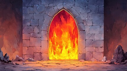 Fiery Entrance to a Mysterious Dungeon with Stone Walls and Eerie Ambiance in an Epic Fantasy Setting