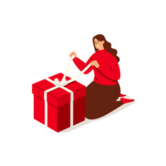 Joyful woman unwrapping a festive red gift box with white ribbon in a cheerful setting