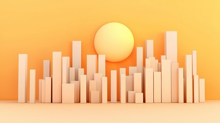 Abstract urban landscape with geometric shapes against a warm sunset in a minimalistic style