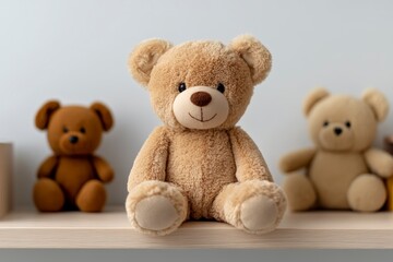 Cute and Soft Teddy Bear Surrounded by Plush Toys on a Wooden Shelf in a Cozy Room Setting