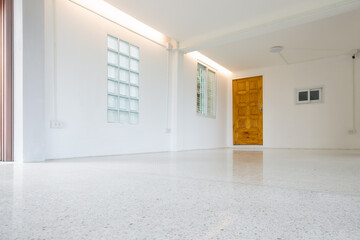 Room interior with new clean terrazzo floor. Focus at floor. Interior design with striped hidden...