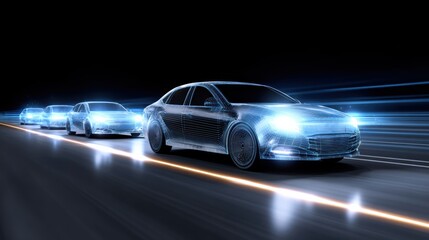 Fototapeta premium A futuristic representation of glowing, digital cars in motion, showcasing advanced technology and innovation on an illuminated highway.