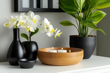 Modern Home Decor with Candles, Green Plants, and White Orchid Flowers in Elegant Arrangement