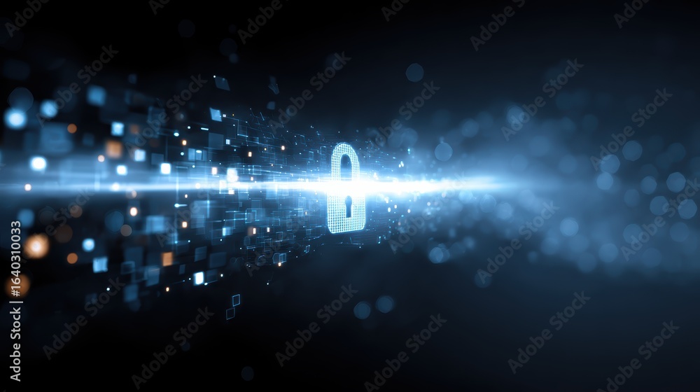 Poster a digital representation of a lock surrounded by glowing pixels, symbolizing cybersecurity and data 