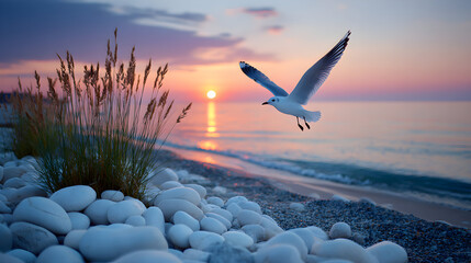 A seagull in flight over a beach at sunset.