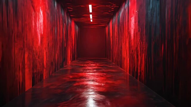 Traveling Through a Surreal Red Horror Corridor with Dripping Liquid Walls and Floor.