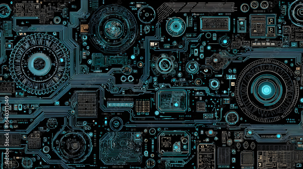 Poster abstract image of a complex technological circuit board with various components and glowing blue ele