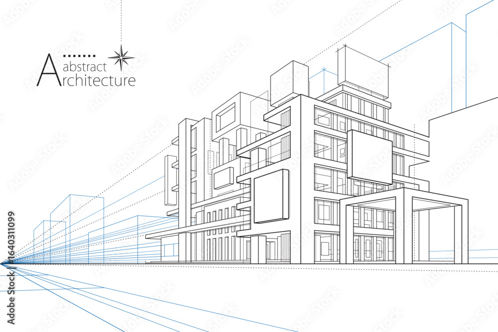 Aufkleber 3d illustration abstract urban building out-line drawing of imagination architecture building constr