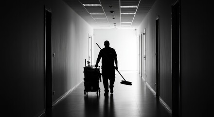 Silhouette of dedicated cleaner pushing cart with supplies down sterile office hallway, emphasizing diligent work and hygiene