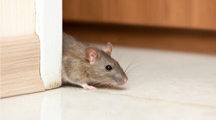 Close-up of a small rat in the corner on a white floor with an open door leading to a room in the background, concept of rodent infestation, pest control, hygiene, cleanliness issues in home interior