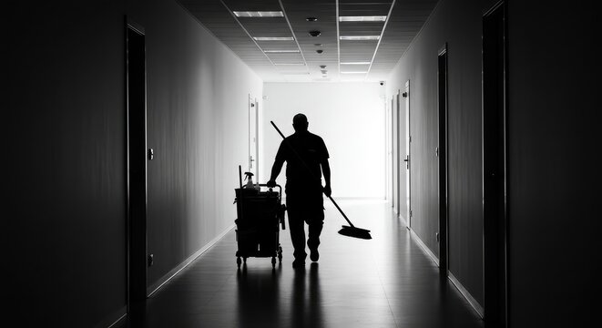 Silhouette of dedicated cleaner pushing cart with supplies down sterile office hallway, emphasizing diligent work and hygiene