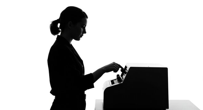 Focused businesswoman silhouette skillfully operating vintage machinery with precise adjustments, embodying dedication and technical expertise in a clean, modern studio.