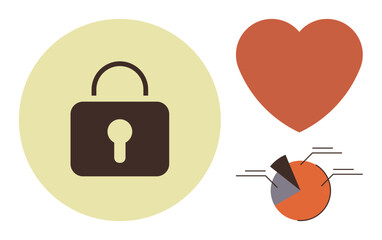 Lock for security, red heart for love, pie chart for data or analytics. Ideal for digital security, privacy, relationship trust, data protection, emotional safety, analytics modern tech themes