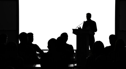 Confident speaker addressing engaged audience from podium with blank screen for presentation, capturing learning and business event atmosphere.