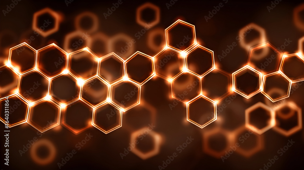 Poster abstract image of glowing orange hexagonal patterns on a dark background.