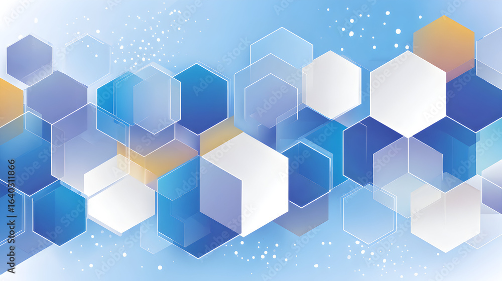 Poster abstract background image featuring a pattern of blue, white, and orange hexagons.