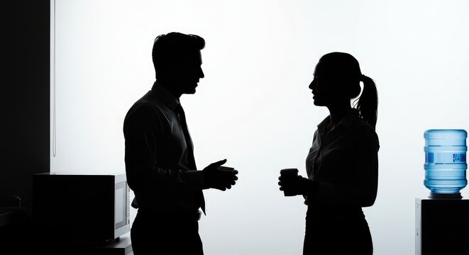 Dynamic business professionals engage in conversation, a moment of connection and collaboration captured in striking silhouette against a bright office backdrop, fostering teamwork.