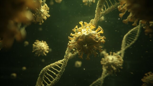 3D coronavirus surrounded by DNA strands on dark green and black background with yellow highlights, symbolizing virus mutation, infectious disease, medical research, and microbiology concepts.