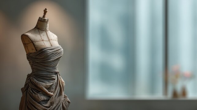 A tailored dress form with draped fabric stands elegantly in a softly lit room, highlighting the artistry of fashion design.