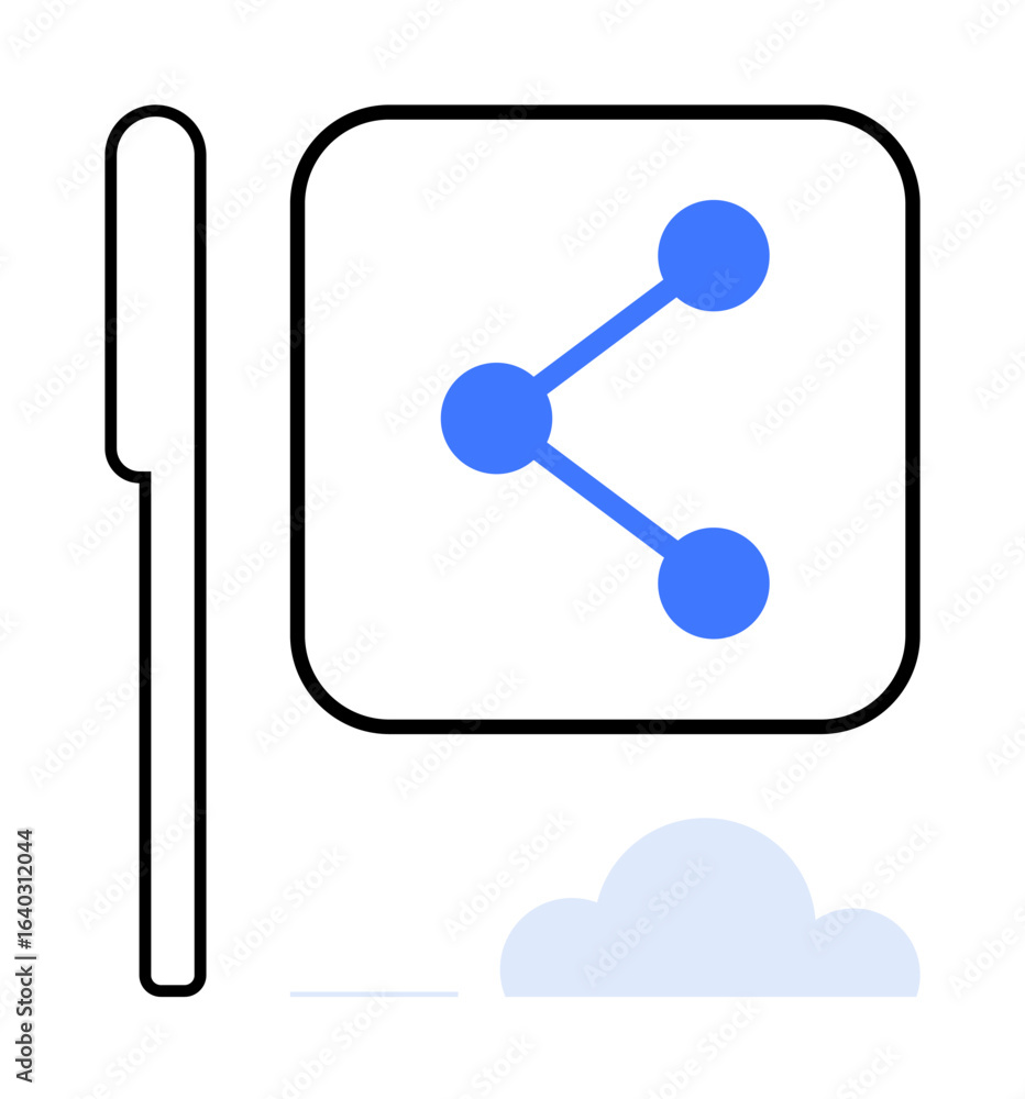 Poster network sharing icon with connected blue dots inside a rounded square and a cloud shape below. ideal