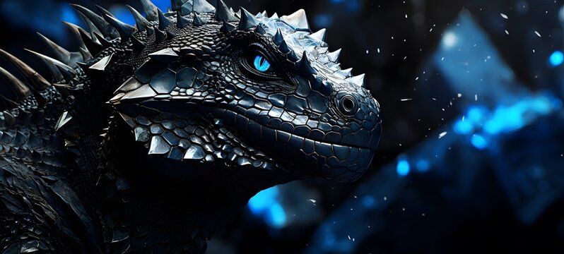 The black background contrasts sharply with the bright blue diamonds light emitted by Iguanodon,generative AI