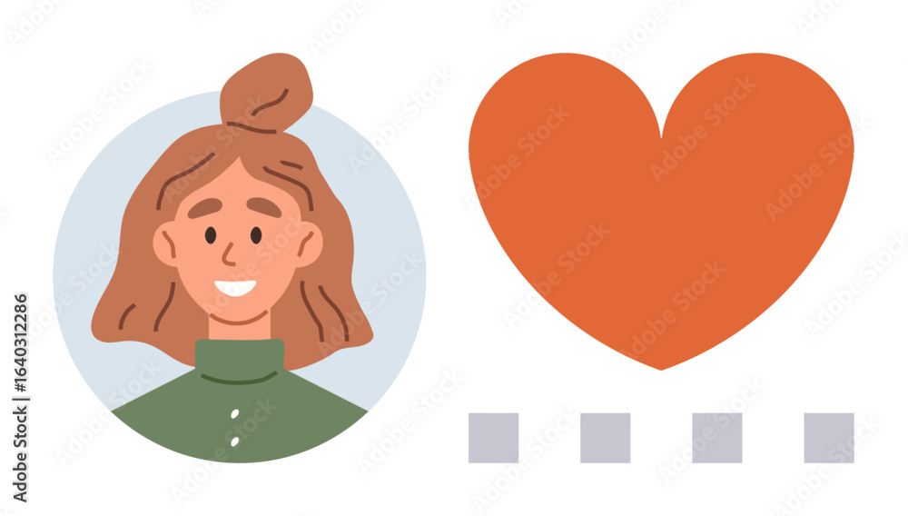 Poster smiling woman portrait in circular frame next to large red heart icon and four simple square blocks.