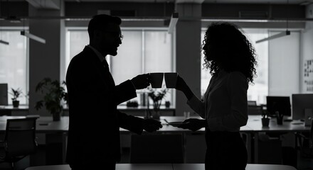 Confident professionals enjoying a coffee break, clinking cups in a modern office, symbolizing collaboration and success.